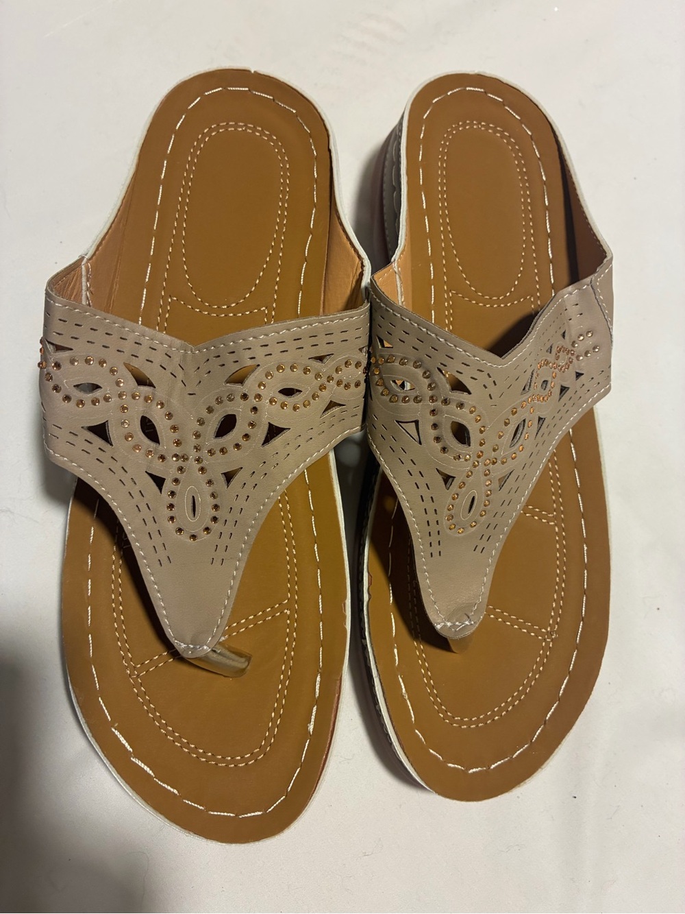 Women's Beige Cutout Thong Sandals with Tan Gems